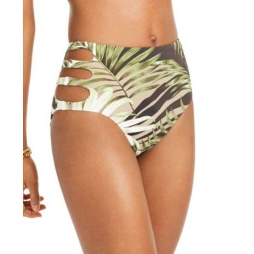 $44 Bar III Jungle Moon Printed Cutout High-Waist Bikini Bottoms Green Size XS